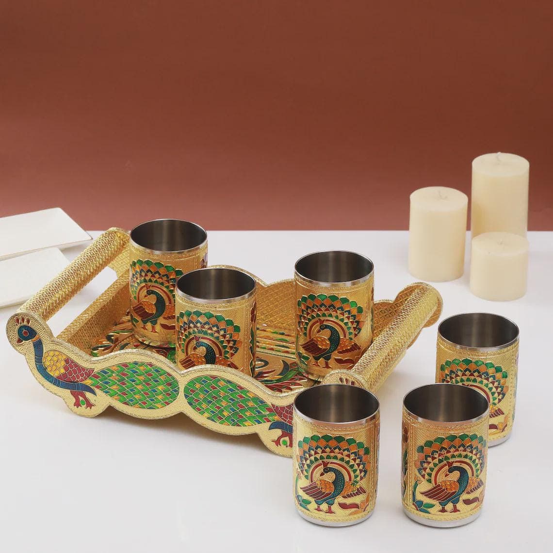 Meenakari Wooden Serving Tray with Peacock Glass: Indian Art Decor - image 3