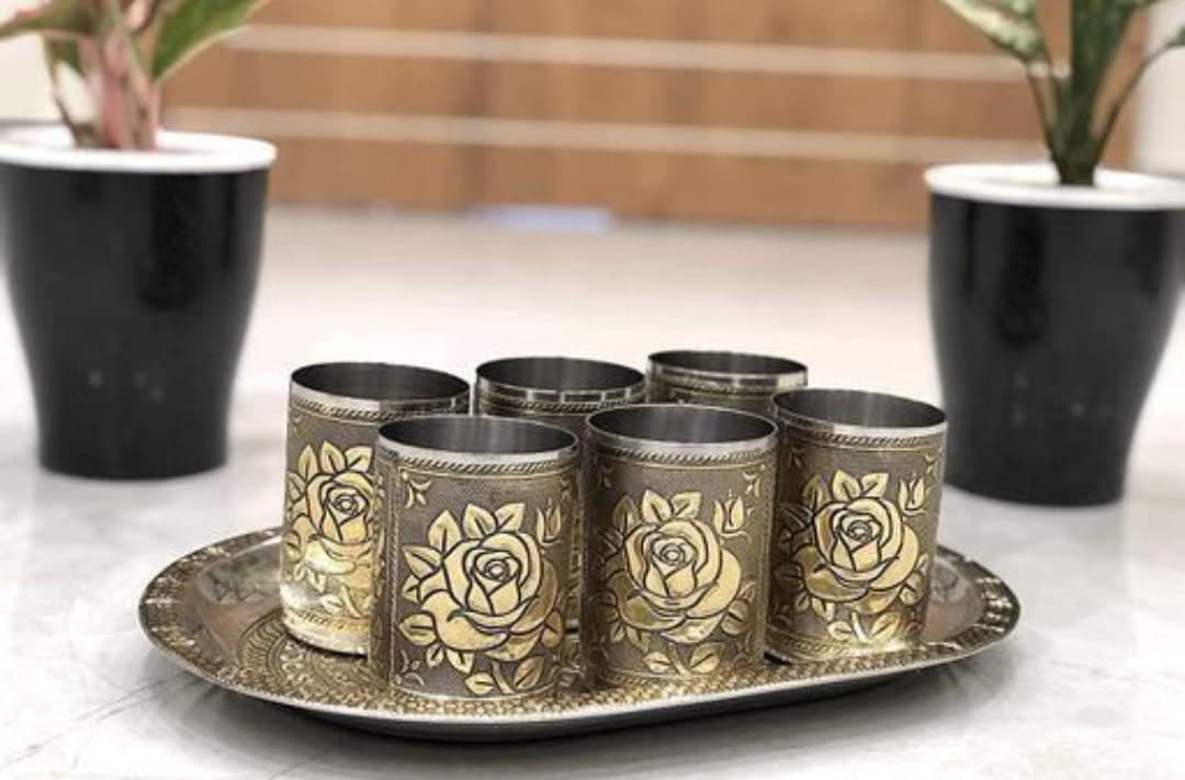 Meenakari Stainless Steel Tray and Glasses, Rose Design Serving Set