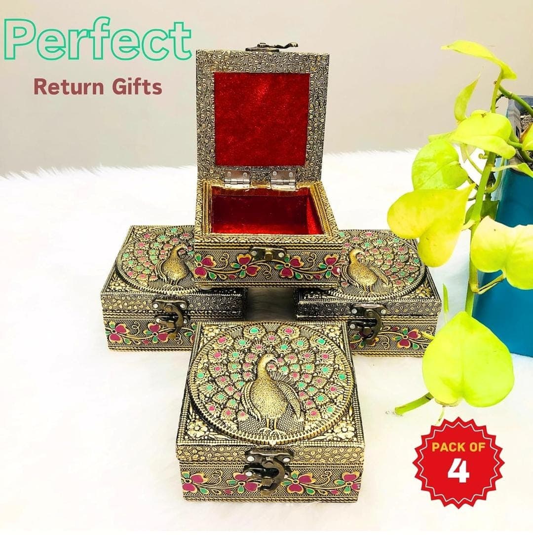 Peacock Design Embossed Indian Jewelry Box: Rajwadi Red Velvet Trinket Jewellery Storage Box