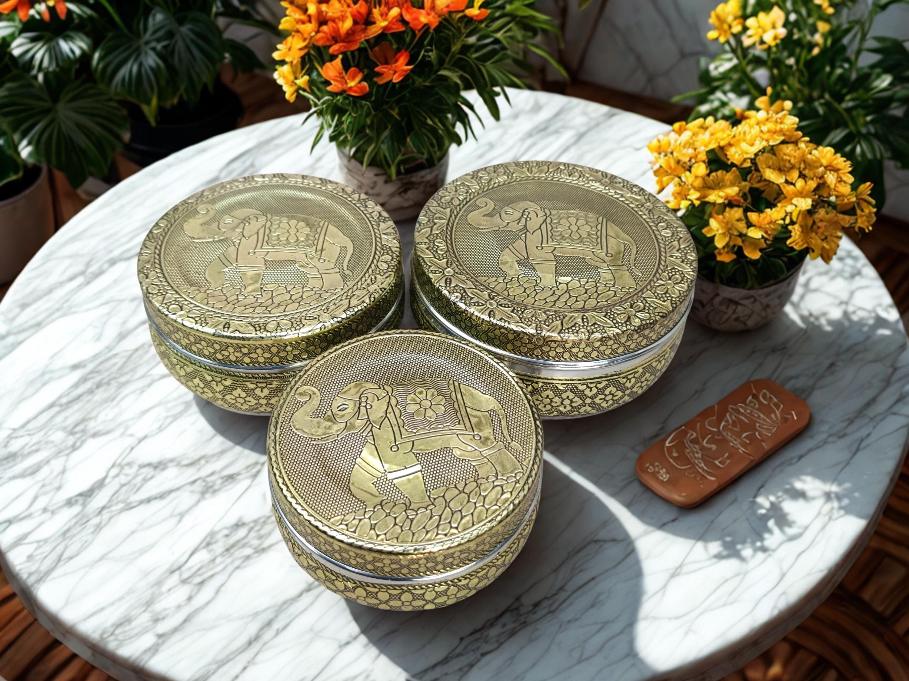 Meenakari Peacock Design Steel Containers, Indian Art, Set of 3