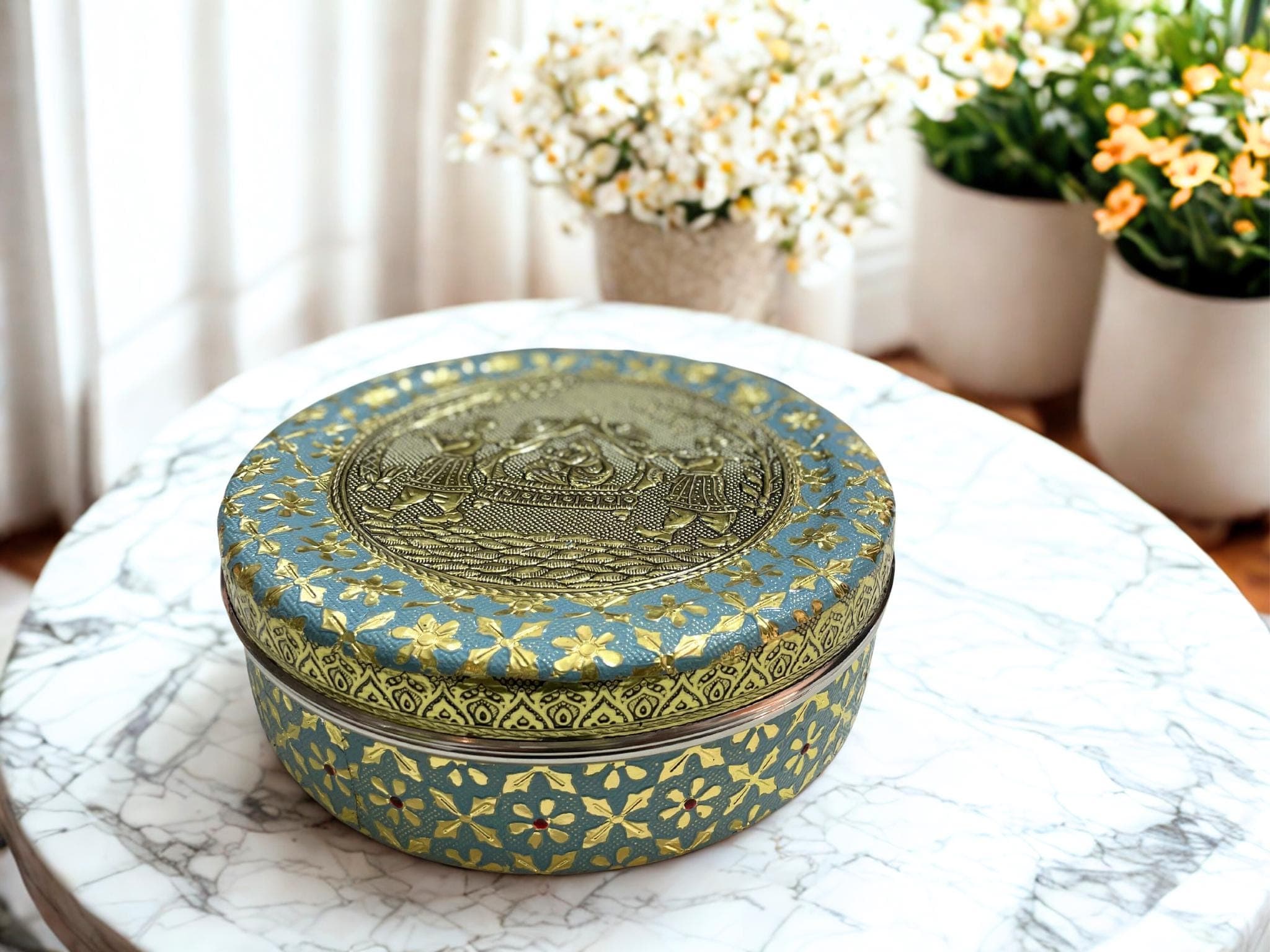 Meenakari Dabba Box: Golden Chapati Container, Indian Wedding Gift - image 3