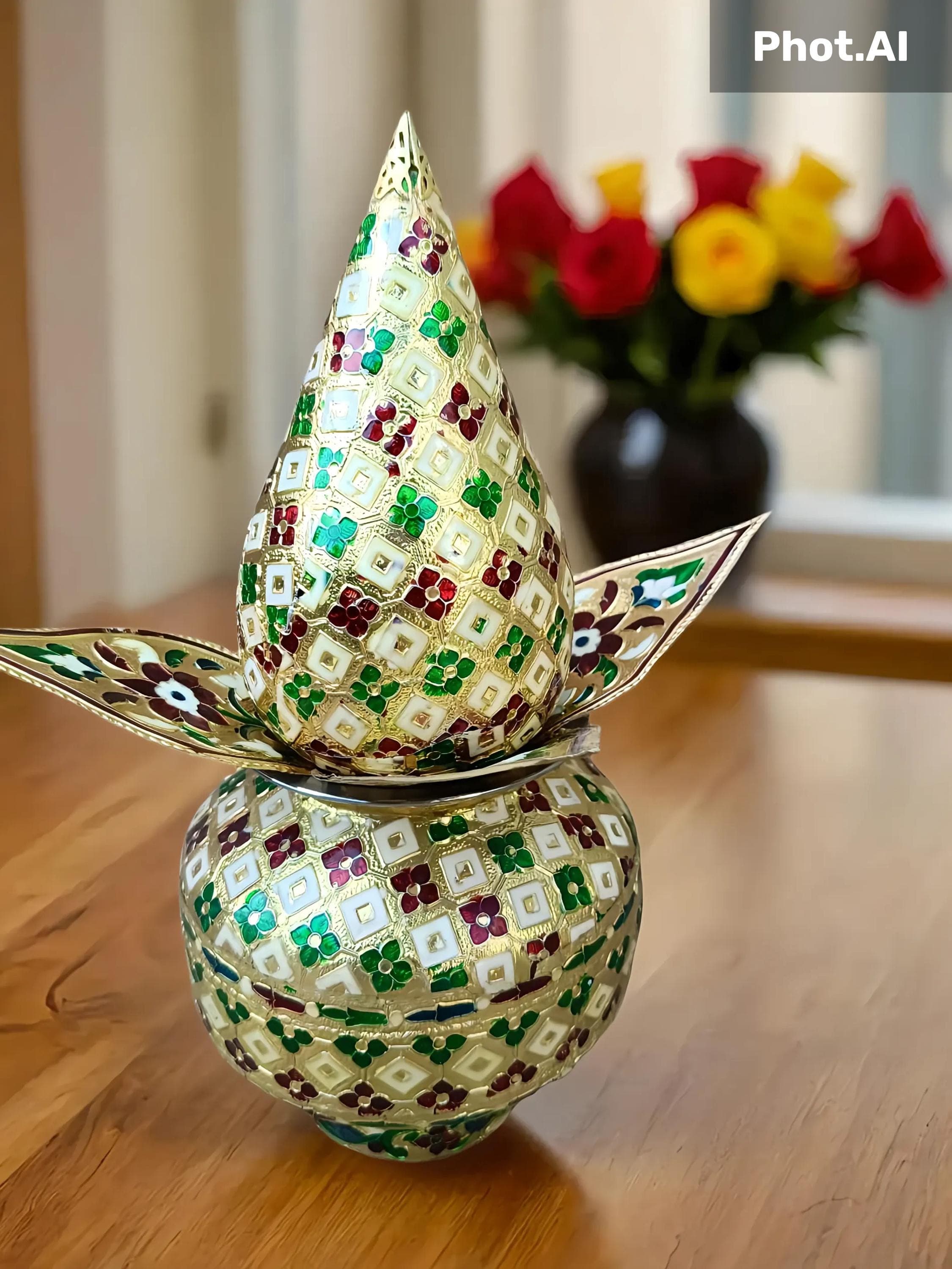 Meenakari Kalash Set: Golden Aluminum Pooja Kalash - Indian Home Decor