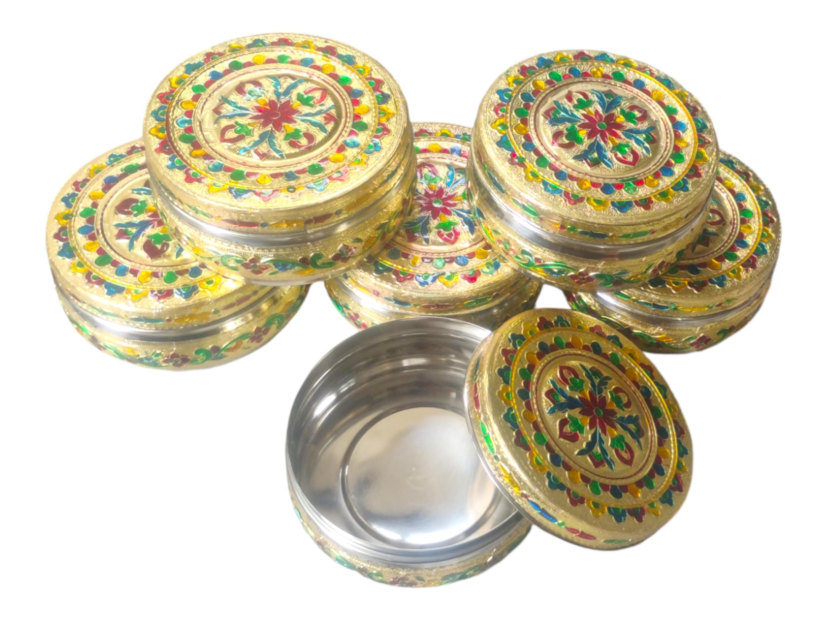 Handmade Meenakari Steel Container: Indian Gift Box, Dry Fruit Storage (500ml) - image 3