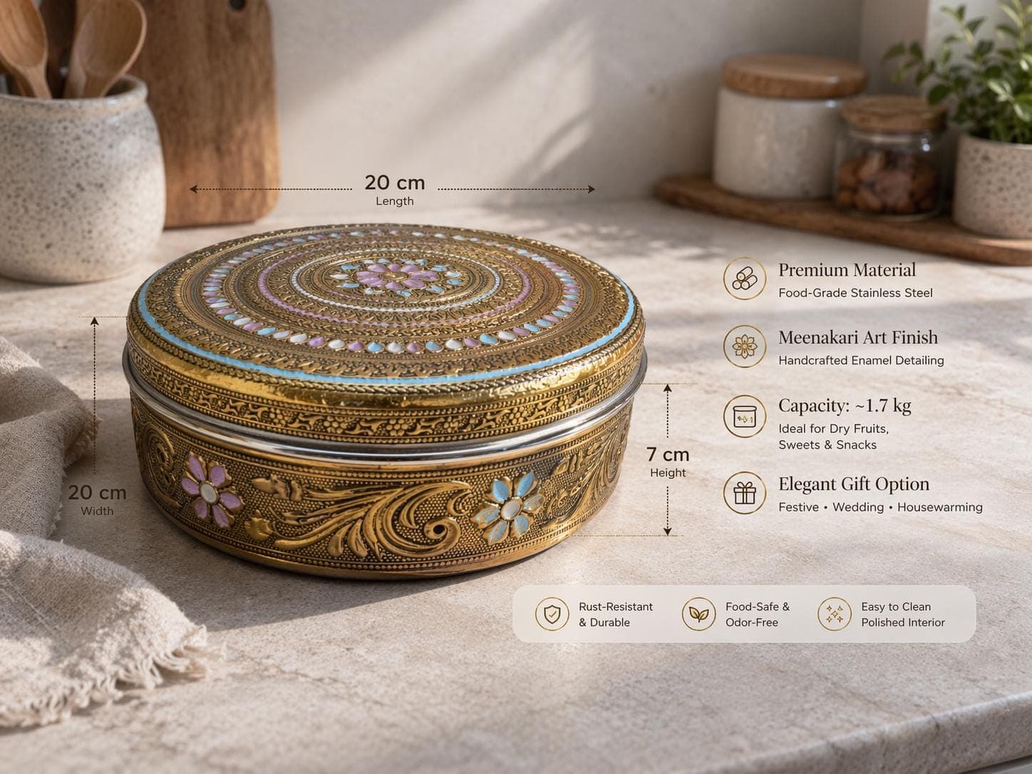 Meenakari  Steel Storage Box | Chapati, Dry Fruit Box, Mithai & Namkeen Container | Decorative Return Gift For Marriage, Diwali, Wedding. - image 5