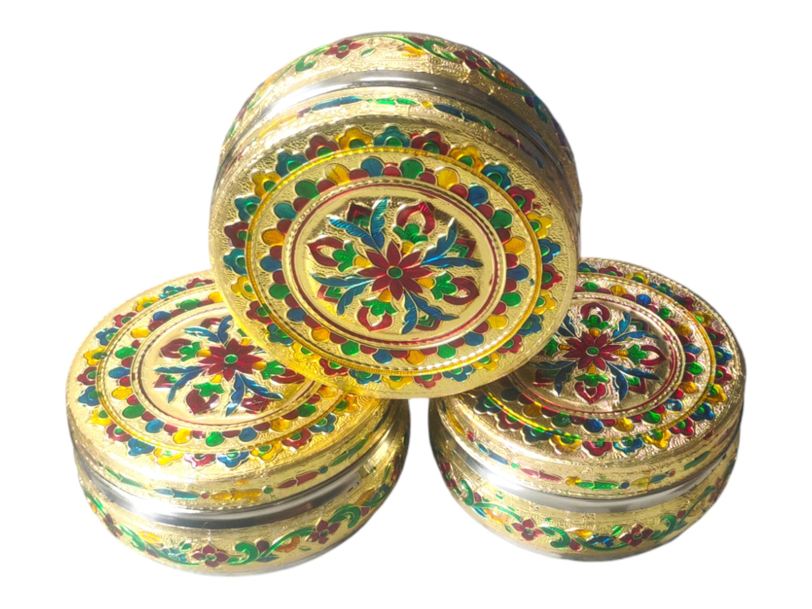 Handmade Meenakari Steel Container: Indian Gift Box, Dry Fruit Storage (500ml) - image 4
