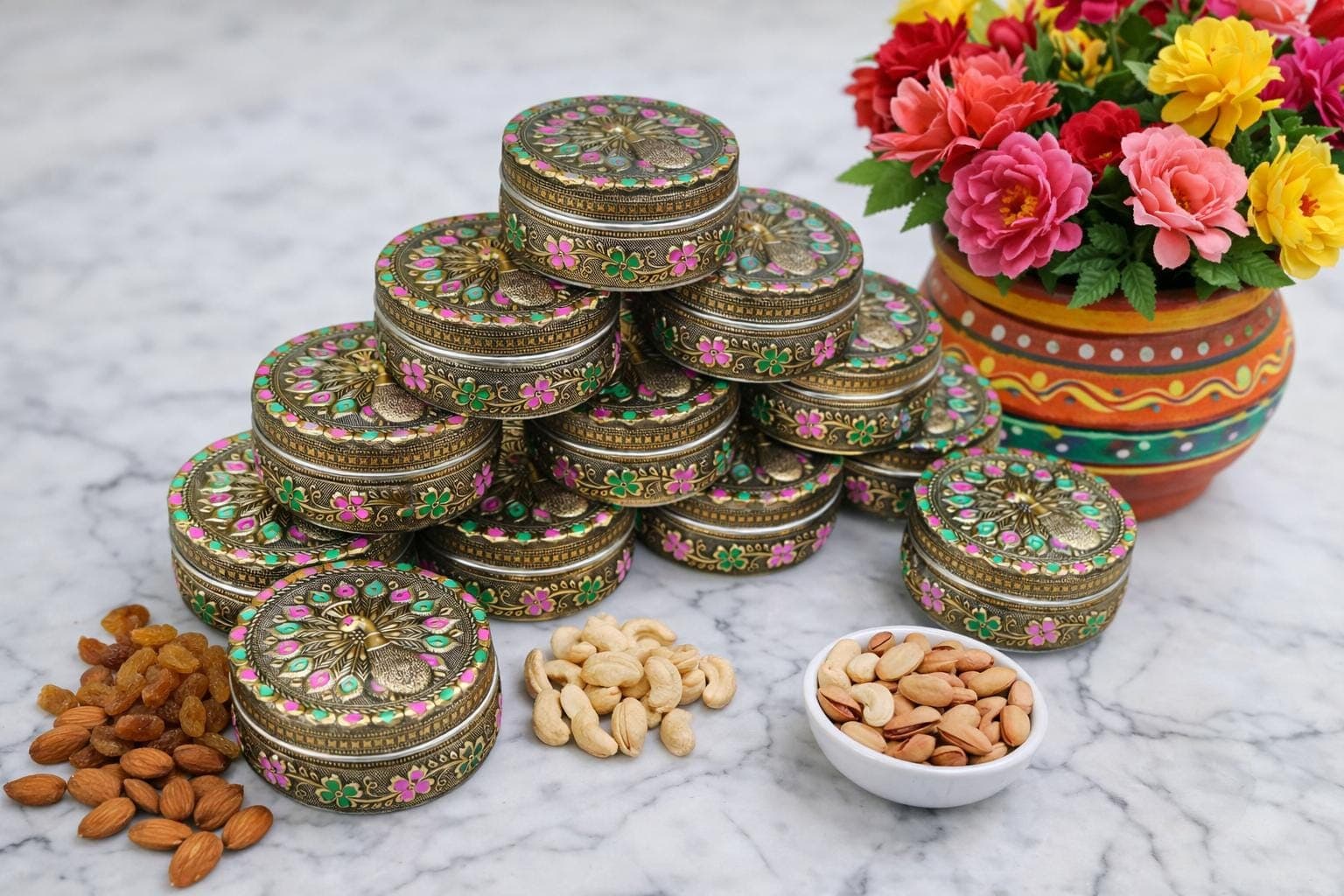 Handcrafted Meenakari Dabba – Oxidized Stainless Steel Decorative Box