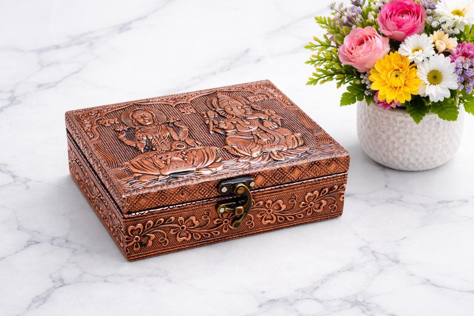 Ganesh Laxmiji Design Copper Oxidized Meenakari Jewellery Box | Handmade Oxidized Vanity Storage (6x4)