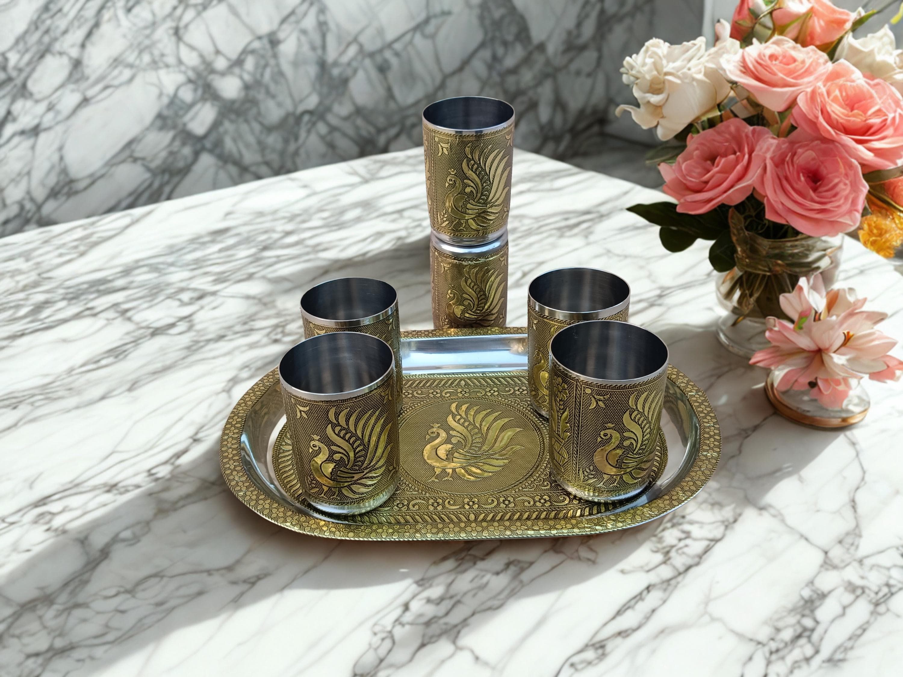 Oxidized Steel Tray with Glasses | Meenakari Serving Set - image 3