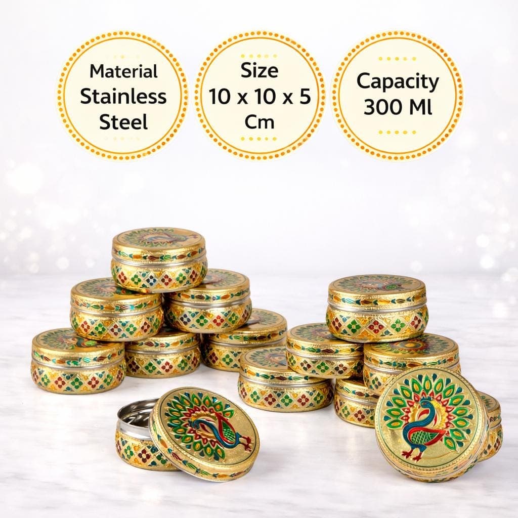 Handicrafted Meenakari Peacock Design Stainless Steel Storage Box (Golden Finish) - image 3
