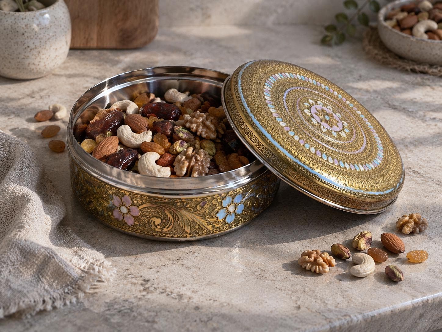Meenakari  Steel Storage Box | Chapati, Dry Fruit Box, Mithai & Namkeen Container | Decorative Return Gift For Marriage, Diwali, Wedding. - image 4
