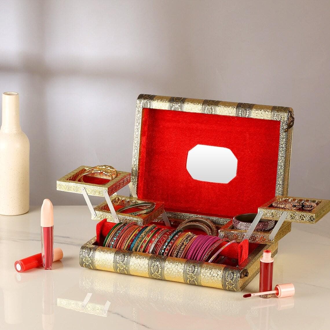 Handmade Oxidized Meenakari Wooden Bangle Box, Red Velvet Jewelry Box For Women And Girls - image 5