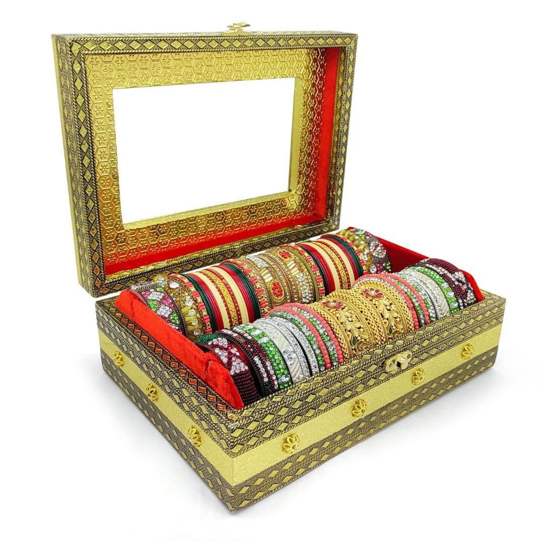 Handmade Oxidized Meenakari Wooden Bangle Box, Red Velvet Jewelry Box