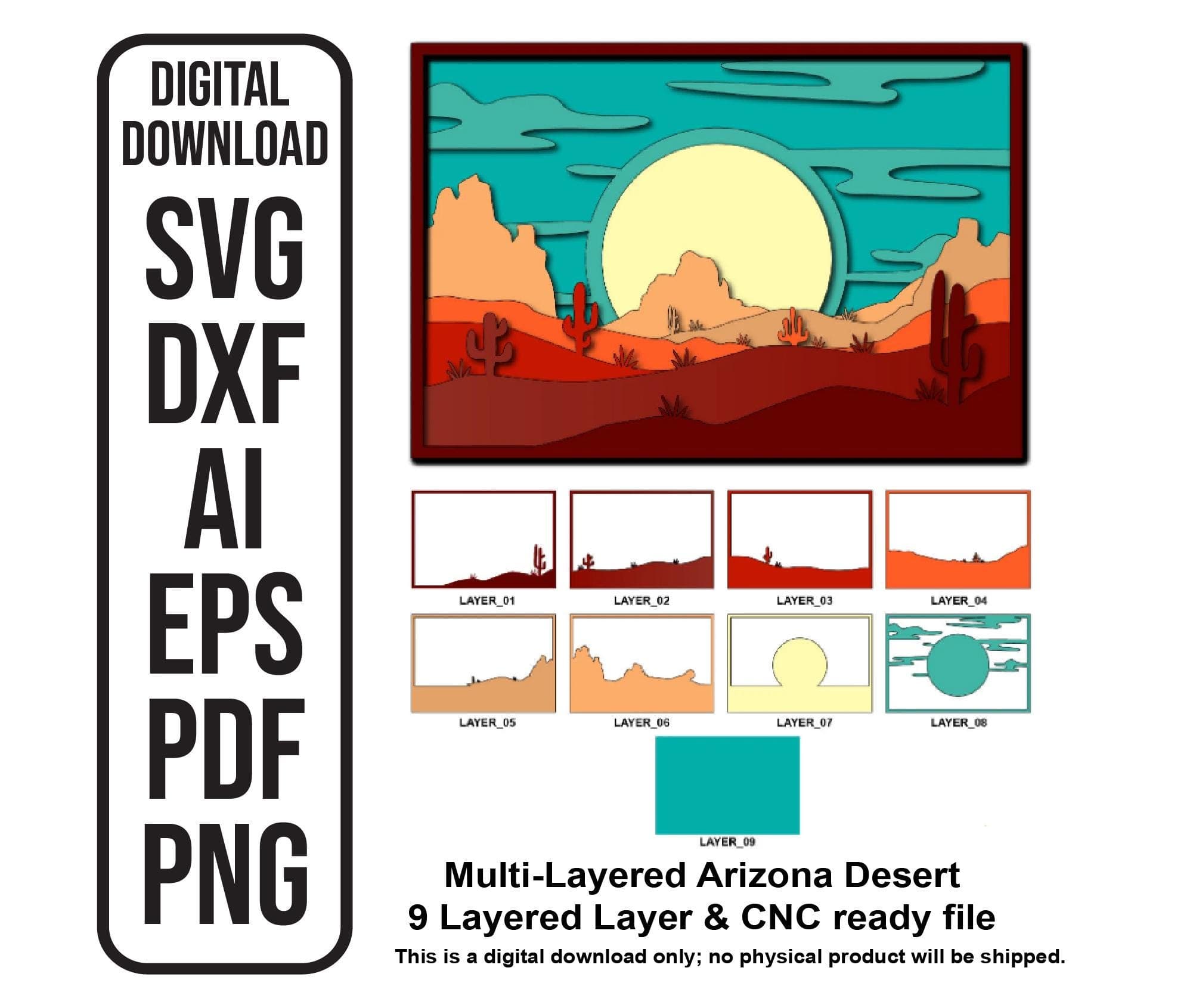 Arizona Desert Cactus Laser Cut File: Multilayer Shadow Box (SVG, PDF, PNG)
