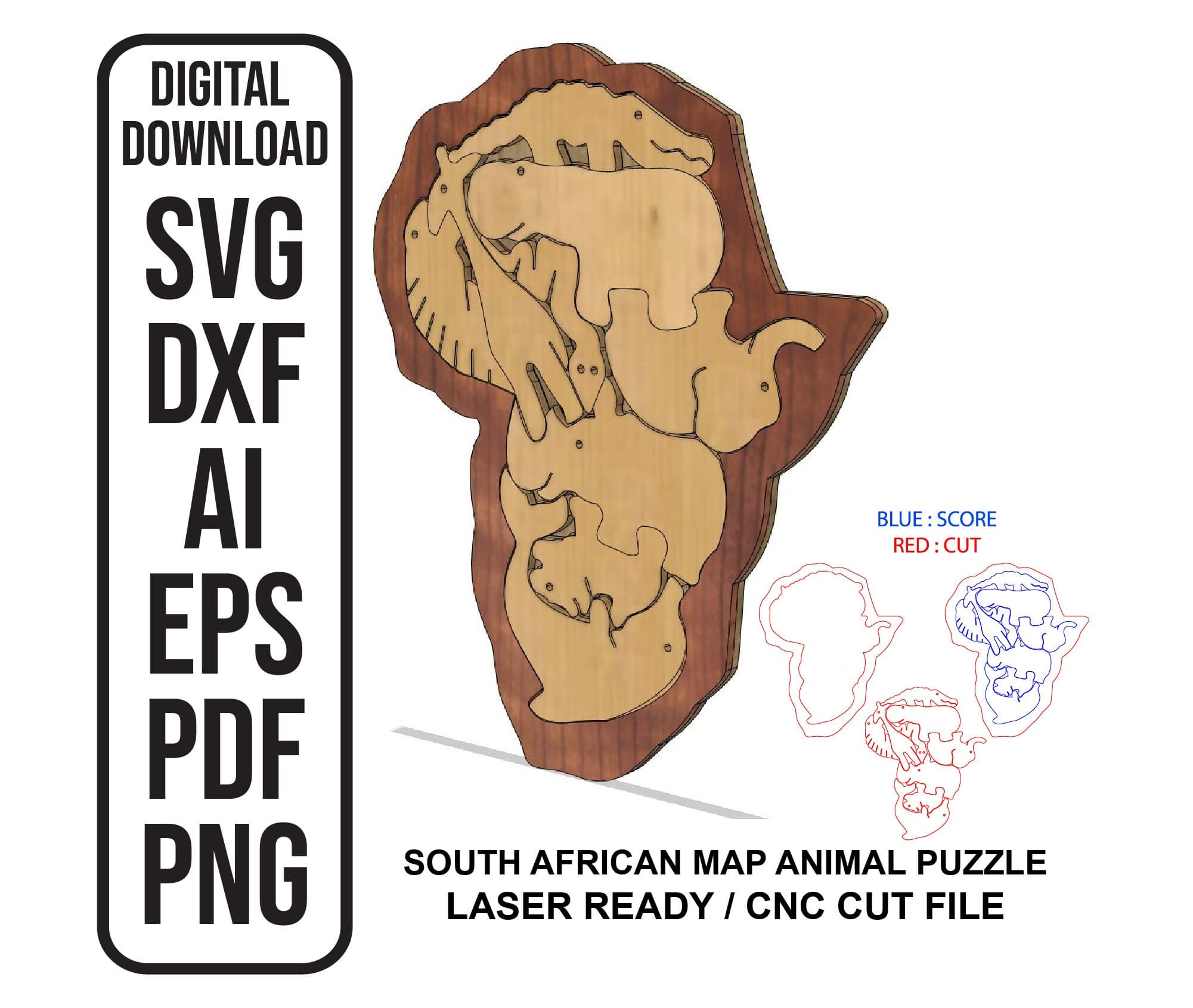 African Safari Map Animals Puzzle SVG Laser Cut File (Digital Download)