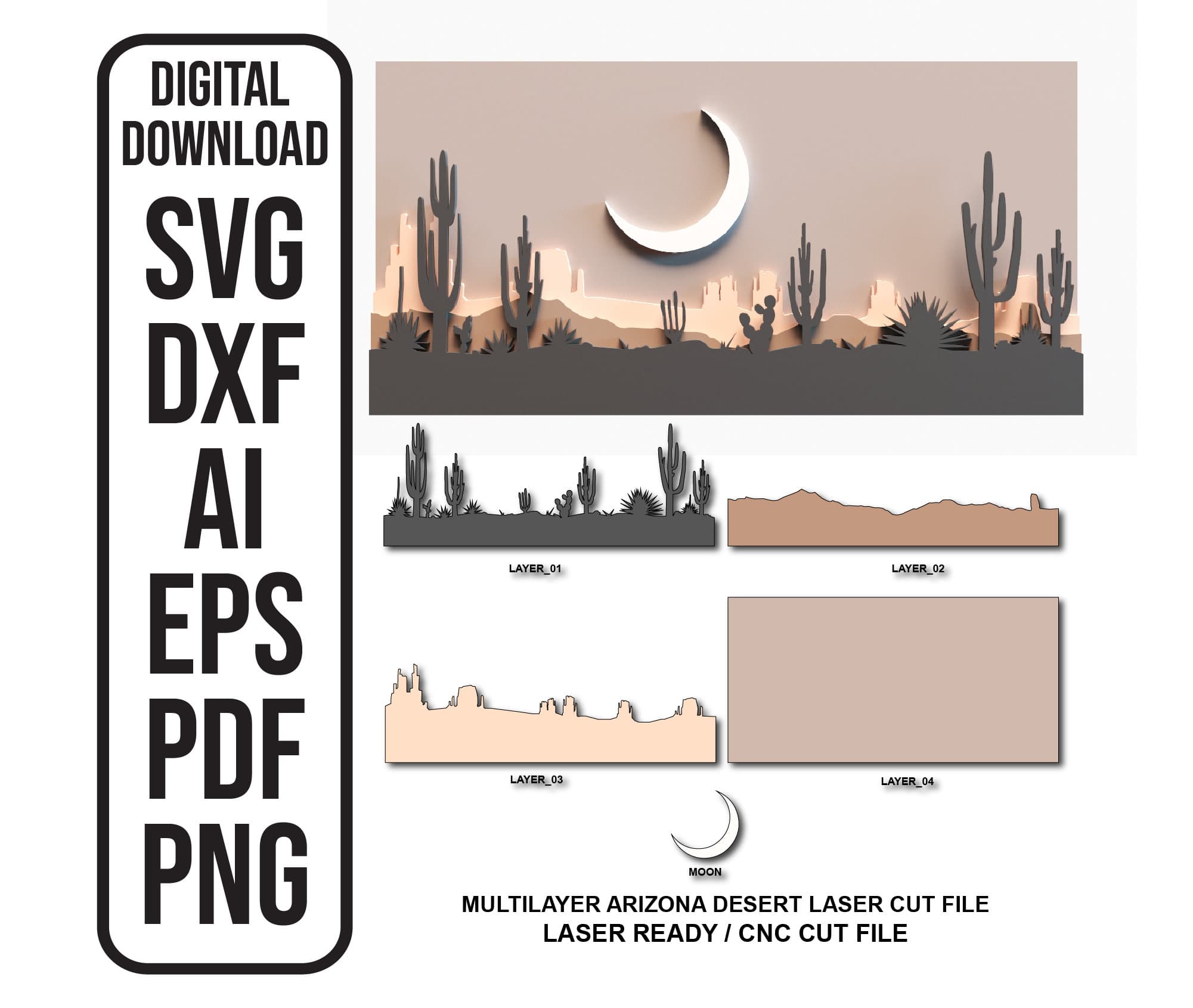 Arizona Desert Cactus Shadow Box, Multilayer Laser Cut Files (Digital Download)