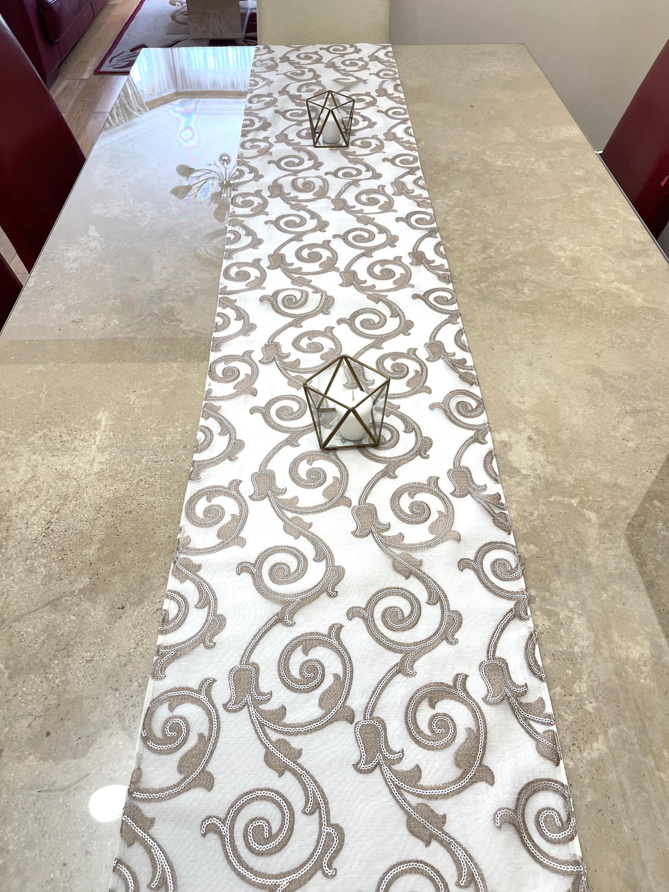 Beige Embroidered Table Runner: Elegant Satin Dining Decor