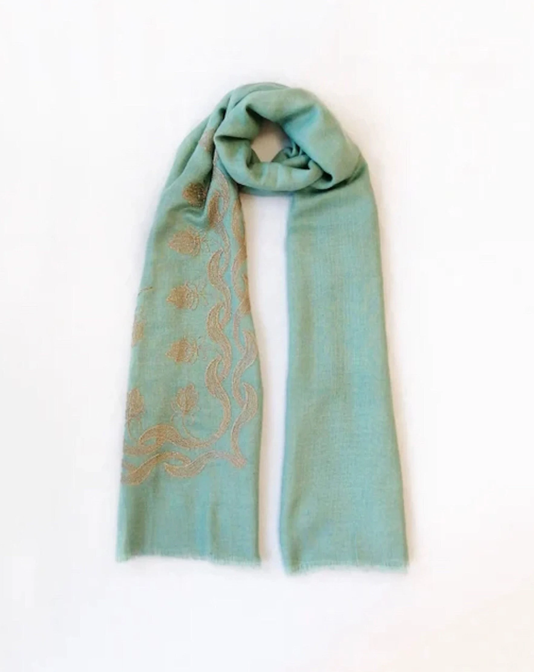 Green Lotus Embroidered Scarf: Lightweight Viscose Blend