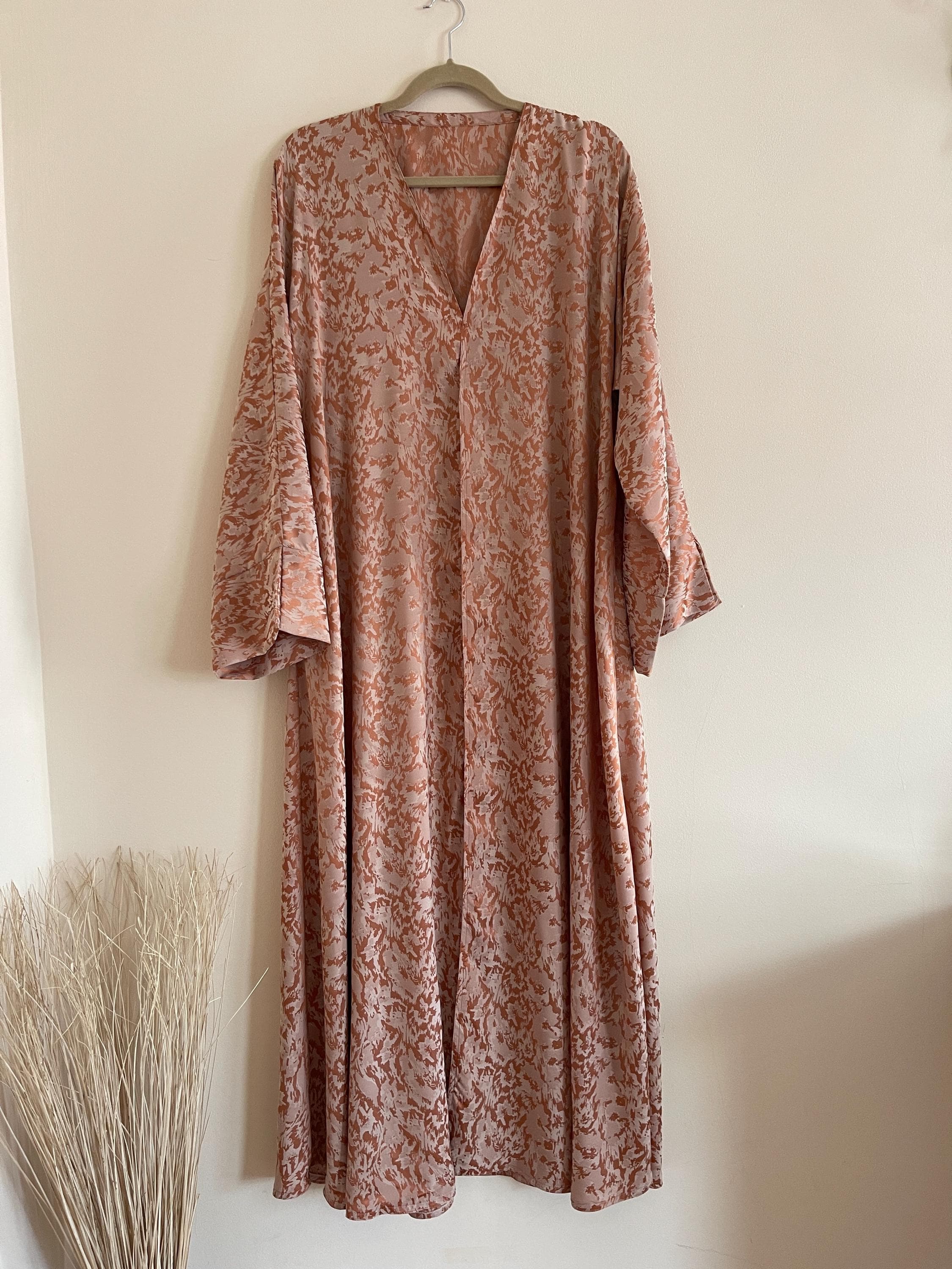 Burnt Orange Abstract Abaya, Terracotta Printed Open Abaya, Satin Effect Kimono, Modest Eid Occasion Abaya