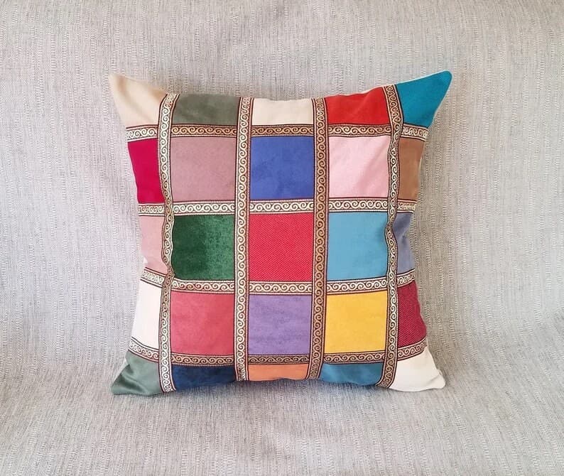 Handmade Velveteen Cushion Cover: Multicoloured Geometric Pillow, 20x20