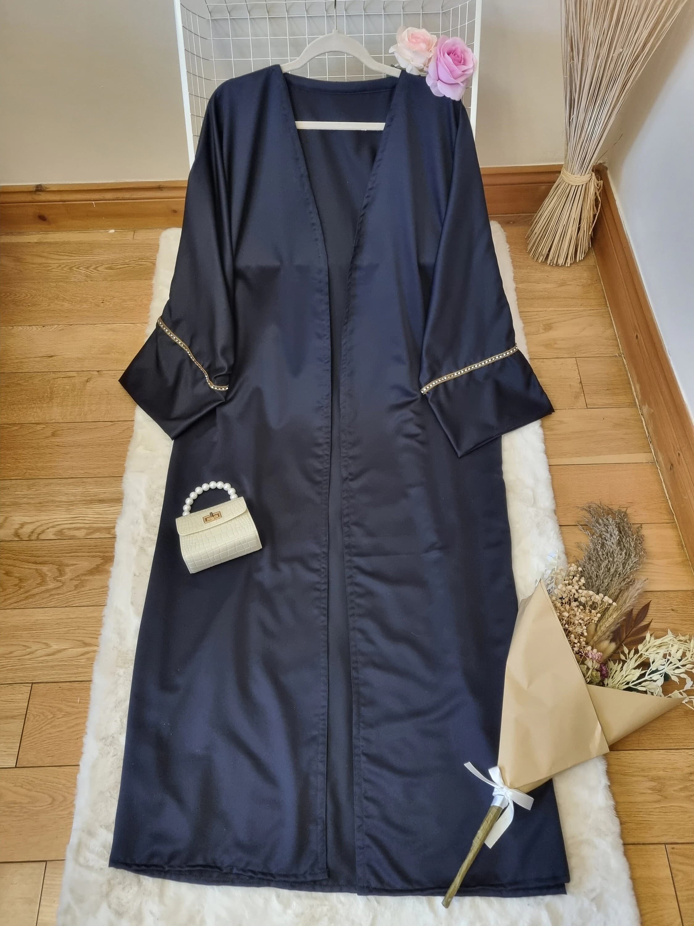 Navy Blue Satin Islamic Abaya Dress, Navy Blue Satin Luxury Abaya, Open Islamic Abaya, Eid Abaya, Wedding Abaya