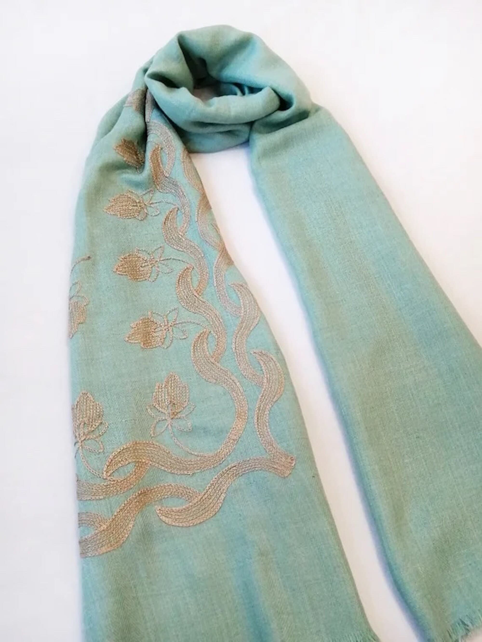 Green Lotus Embroidered Scarf: Lightweight Viscose Blend - image 2