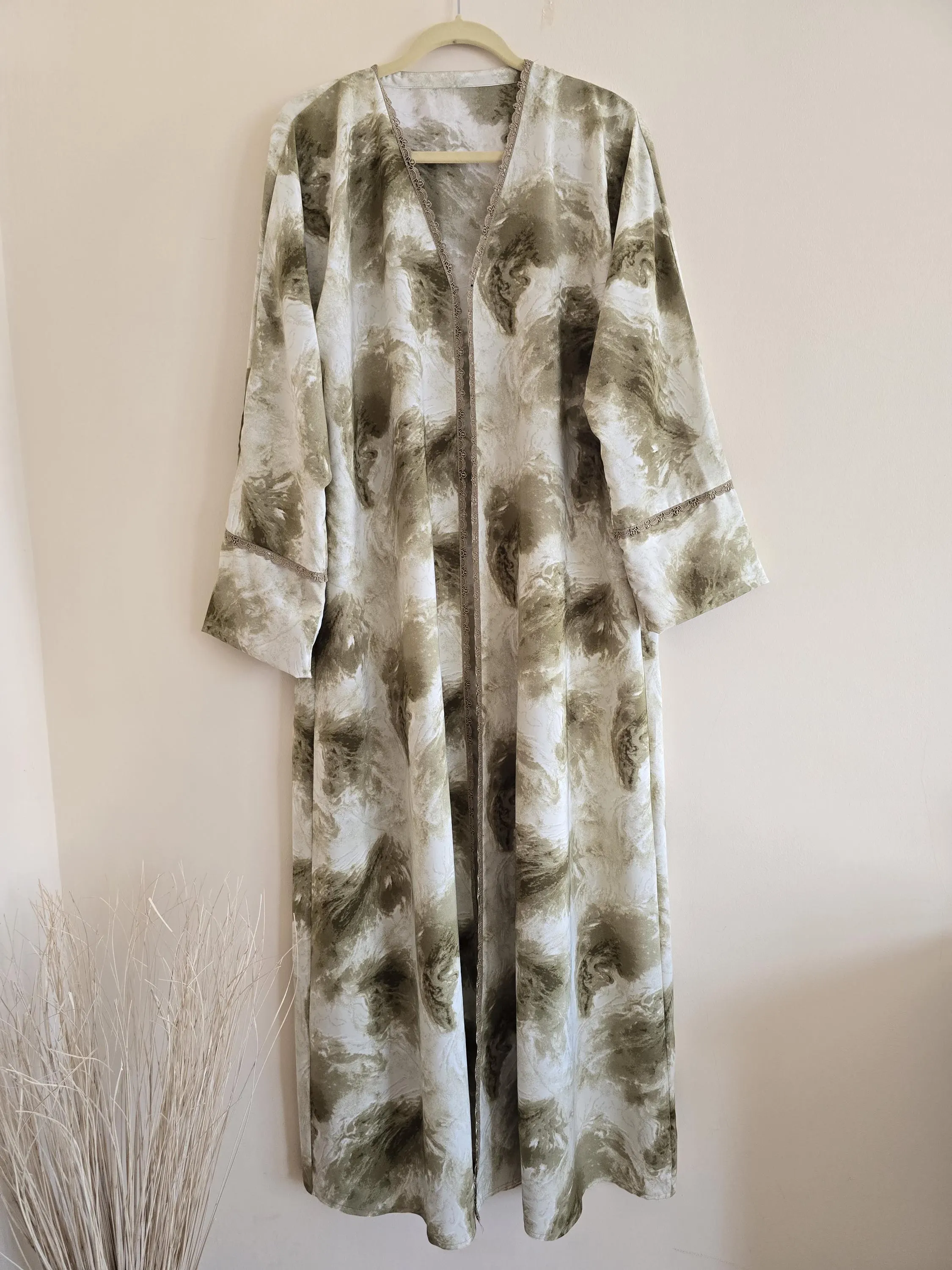 Marbled Olive Green Open Abaya – Minimal Modest Abaya Dress, Long Abaya, Everyday Islamic Wear,