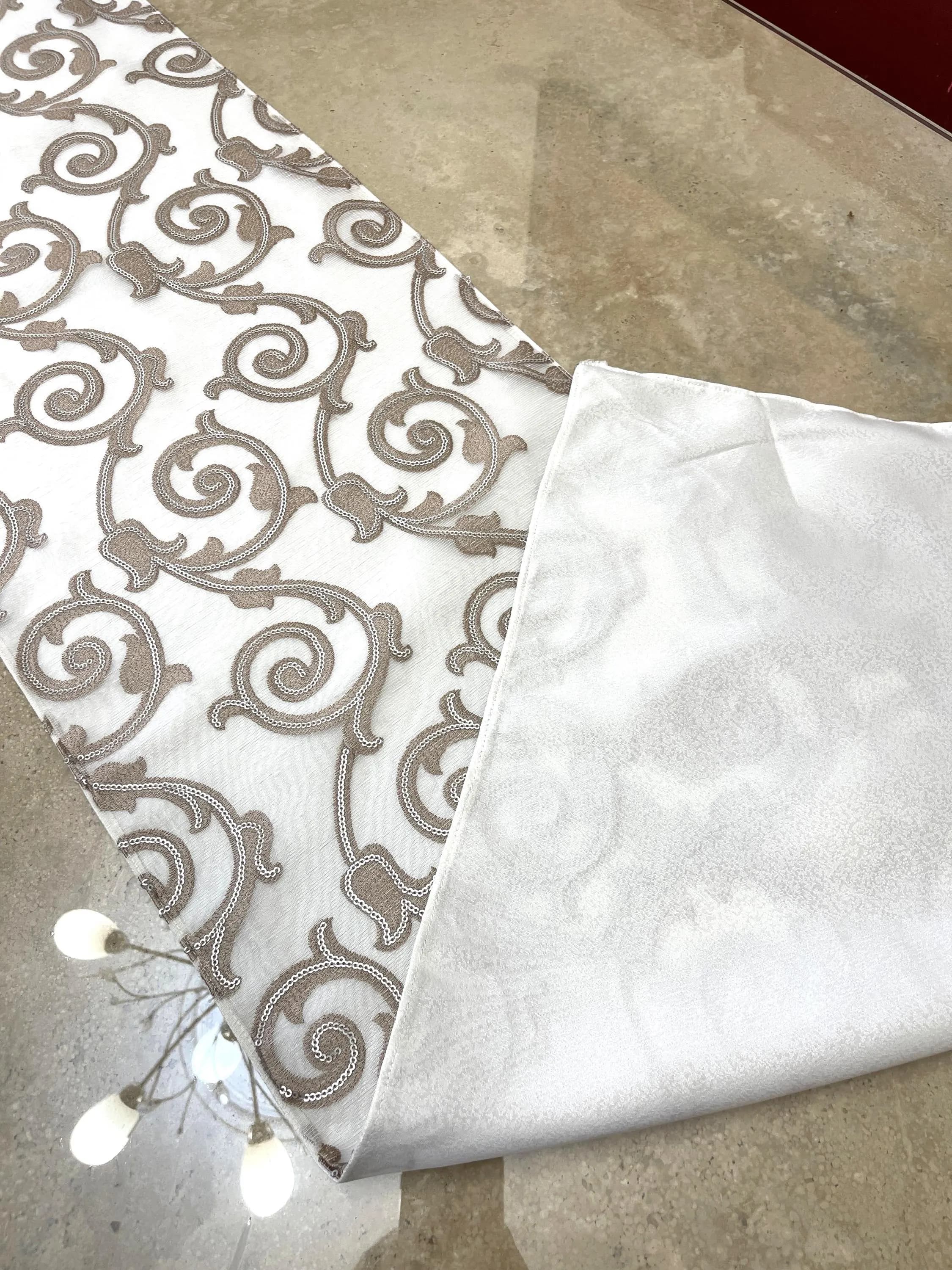 Beige Embroidered Table Runner: Elegant Satin Dining Decor - image 3