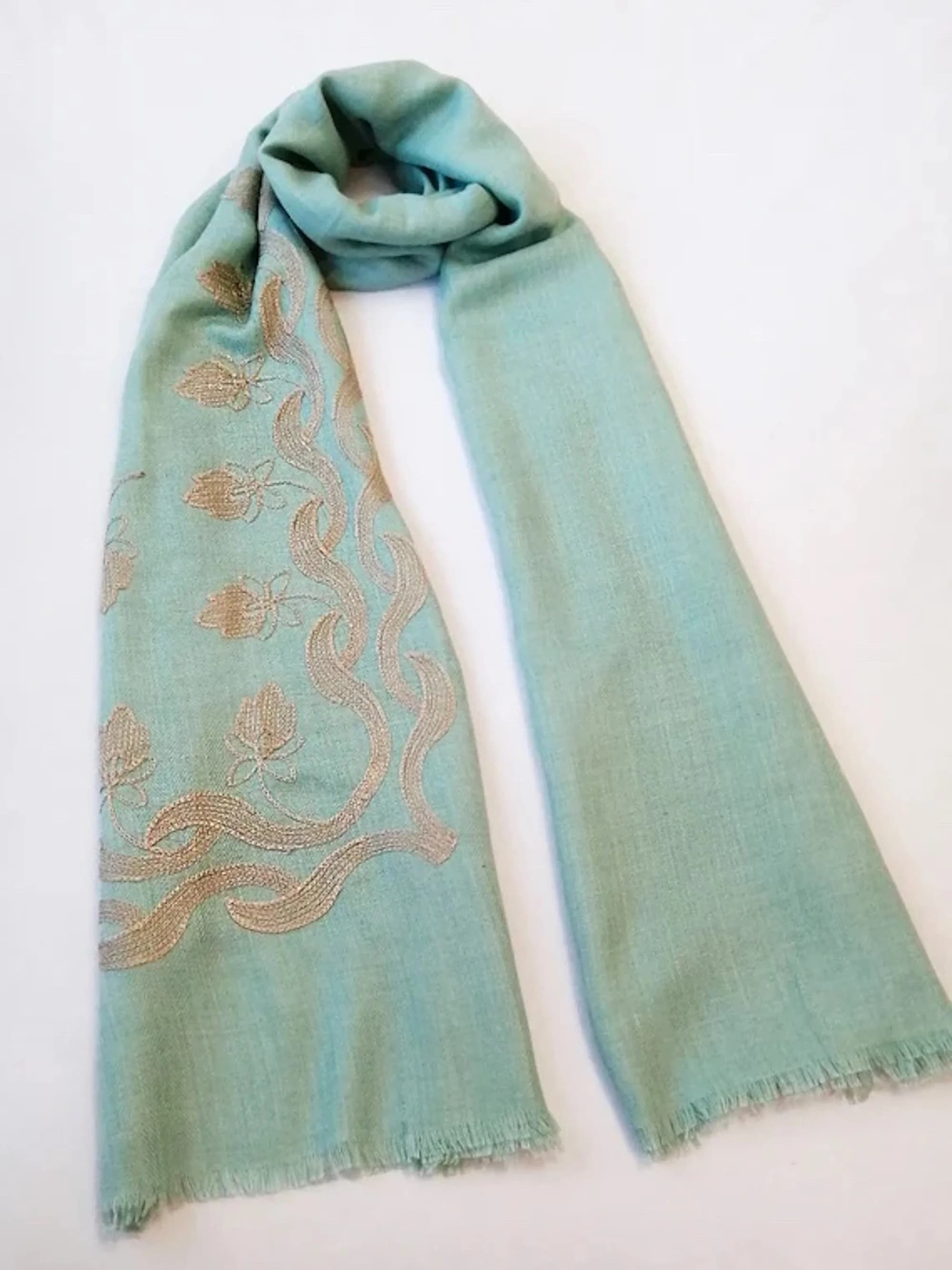 Green Lotus Embroidered Scarf: Lightweight Viscose Blend - image 4