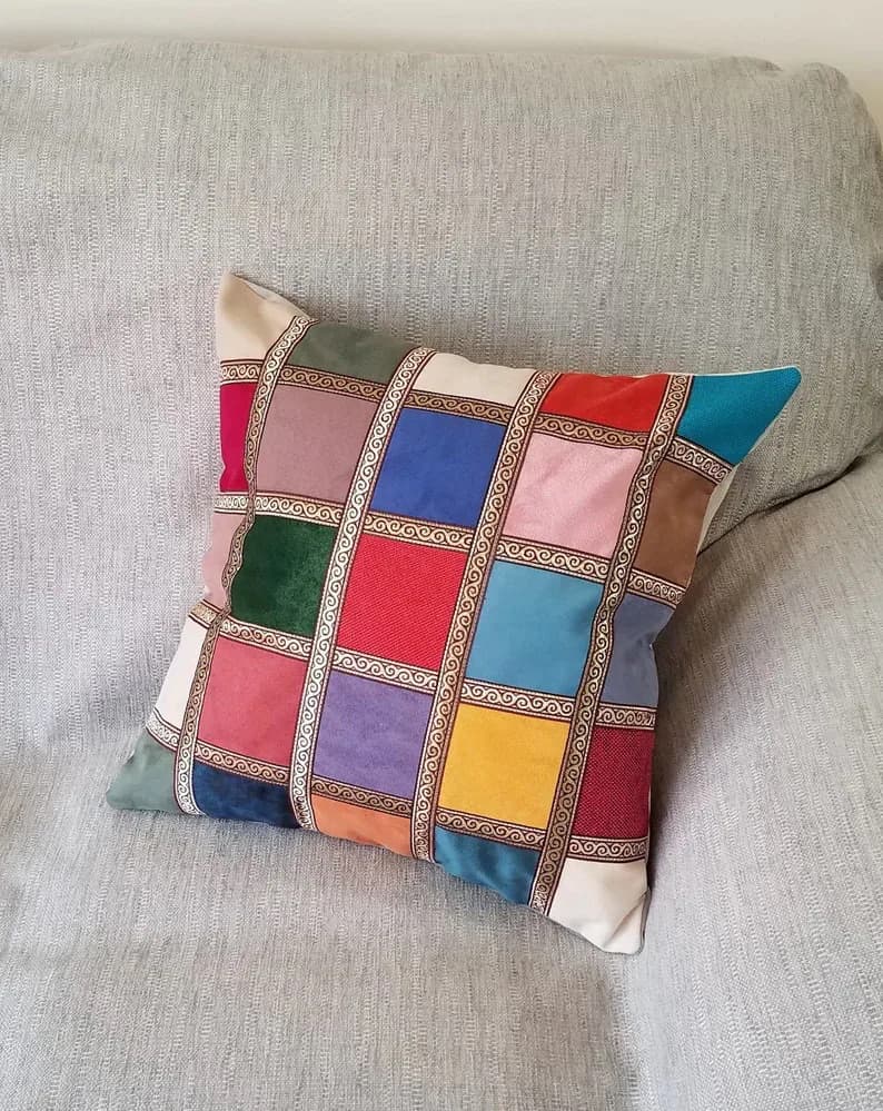 Handmade Velveteen Cushion Cover: Multicoloured Geometric Pillow, 20x20 - image 4