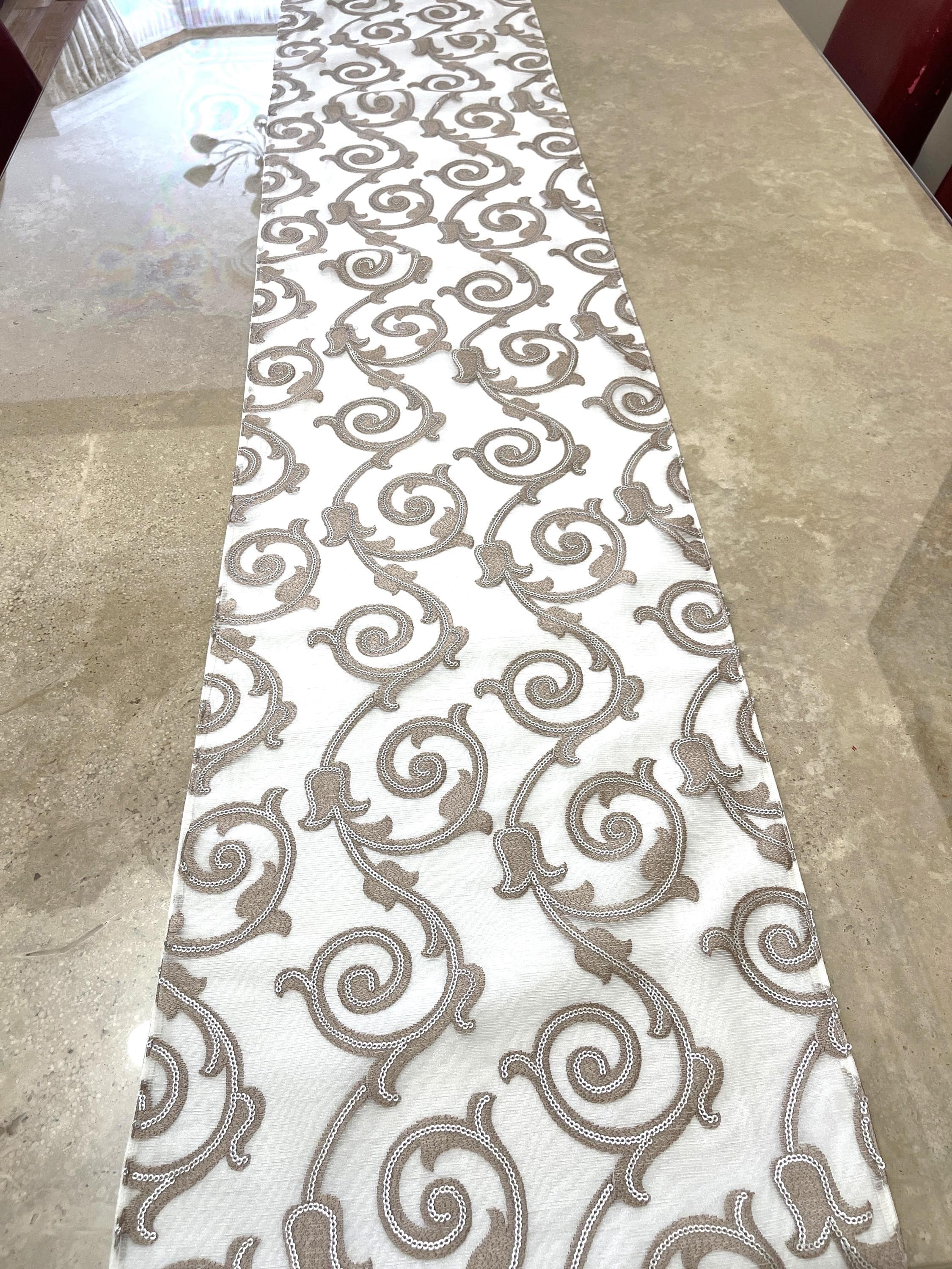 Beige Embroidered Table Runner: Elegant Satin Dining Decor - image 5