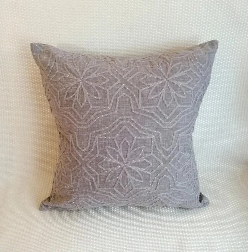 Grey Threaded Pillow Cover – Modern 16x16 Decorative Cushion