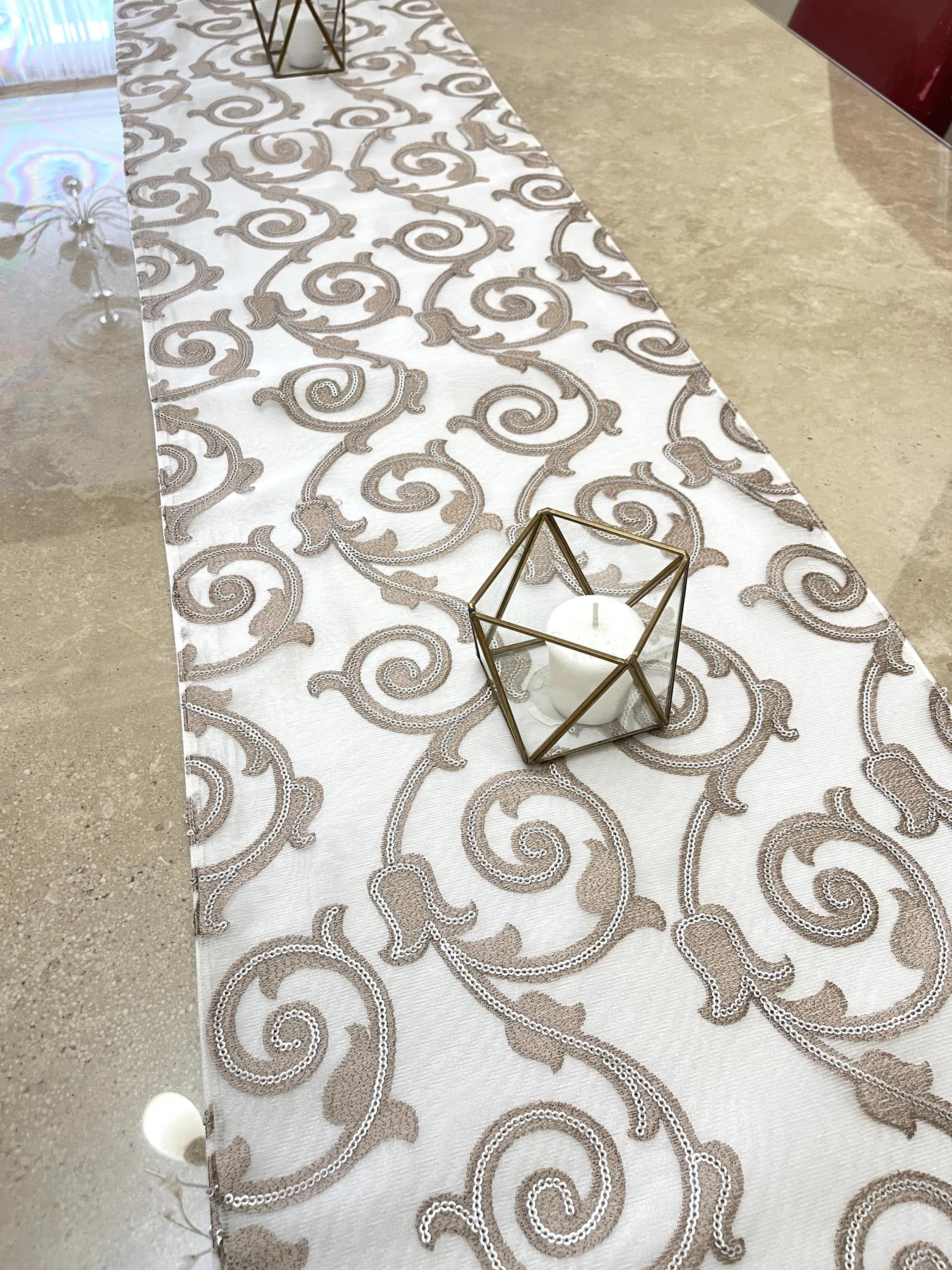 Beige Embroidered Table Runner: Elegant Satin Dining Decor - image 2