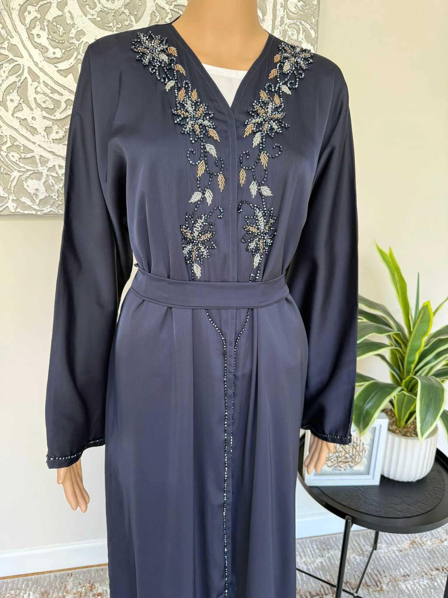 Premium Hand Embellished Navy Blue Open Abaya - image 4