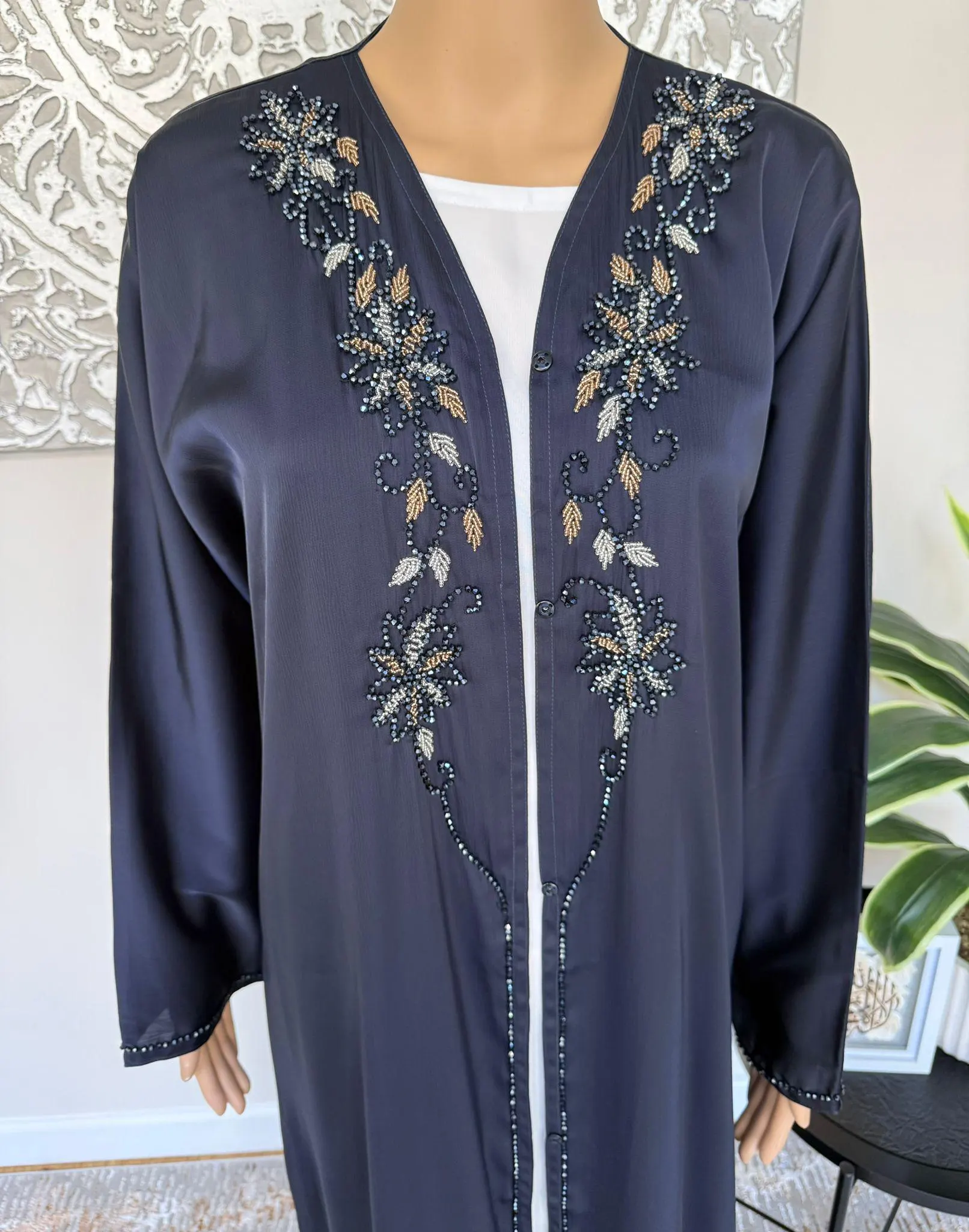 Premium Hand Embellished Navy Blue Open Abaya - image 3