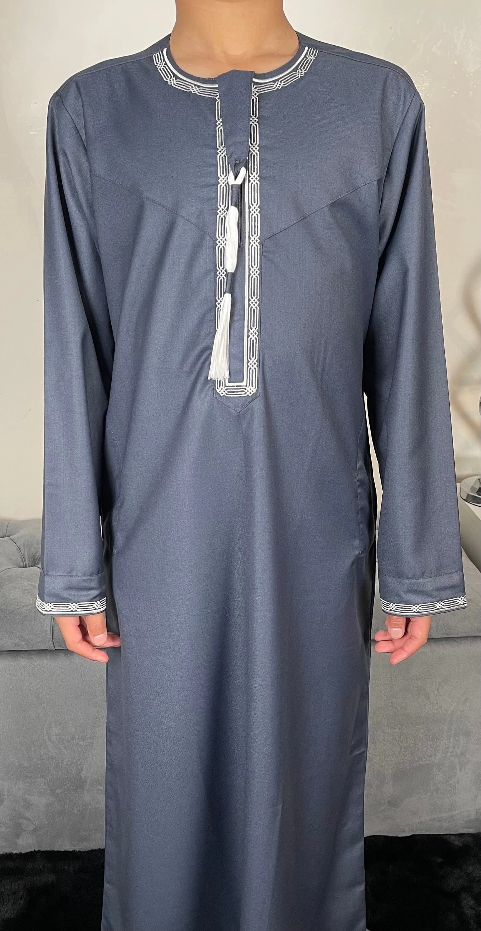 Boys Stone Blue Embroidered Omani Thobe