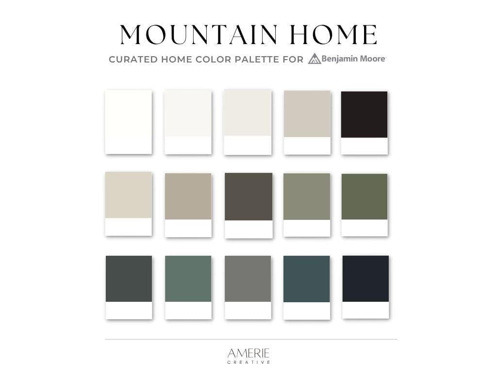 Mountain Home Color Palette Benjamin Moore paint palette Modern Mountain house paint colors dark exterior neutral paint colors 2026