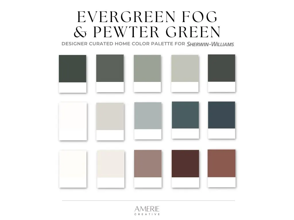 Evergreen Fog Sherwin Williams Paint Color Palette Pewter Green Sherwin Williams paint color scheme Whole home paint color palette whole house paint color scheme sherwin williams green paint colors 
olympic range sherwin williams rock bottom sensible hue pure white sherwin williams alabaster white duck gossamer veil silvermist still water mount etna cocoa berry dark auburn arresting auburn canyon clay terracotta paint colors dark plum purple dark red brown paint colors