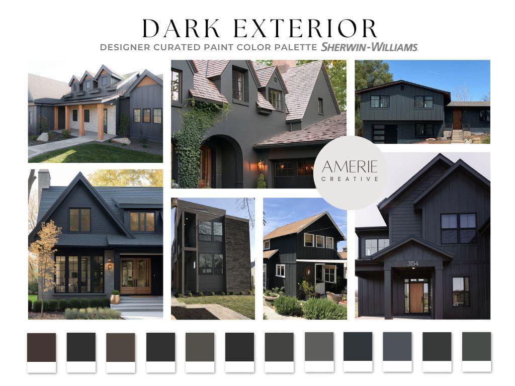 Dark Exterior Sherwin Williams Paint Color Palette Black Exterior paint colors Dark Neutral paint color Modern neutral paint color Modern Exterior paint color Midcentury modern exterior color Modern Mountain house paint color Farmhouse Black exterior house colour scheme black brown paint color off-black paint color charcoal dark gray blue grey green black 
rockweed caviar black magic urbane bronze tricorn black iron ore peppercorn inkwell cyberspace greenblack rock bottom green black fox
