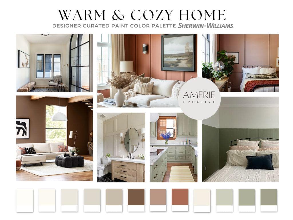 Warm Cozy House Paint Color Palette Sherwin Williams paint palette whole home paint color scheme house paint color warm neutral paint colors organic earthy paint colors earthy neutral paint colors terracotta rust gray green grey green paint color alabaster shoji white greek villa creamy redend point cavern clay accessible beige shiitake grounded clary sage green earth