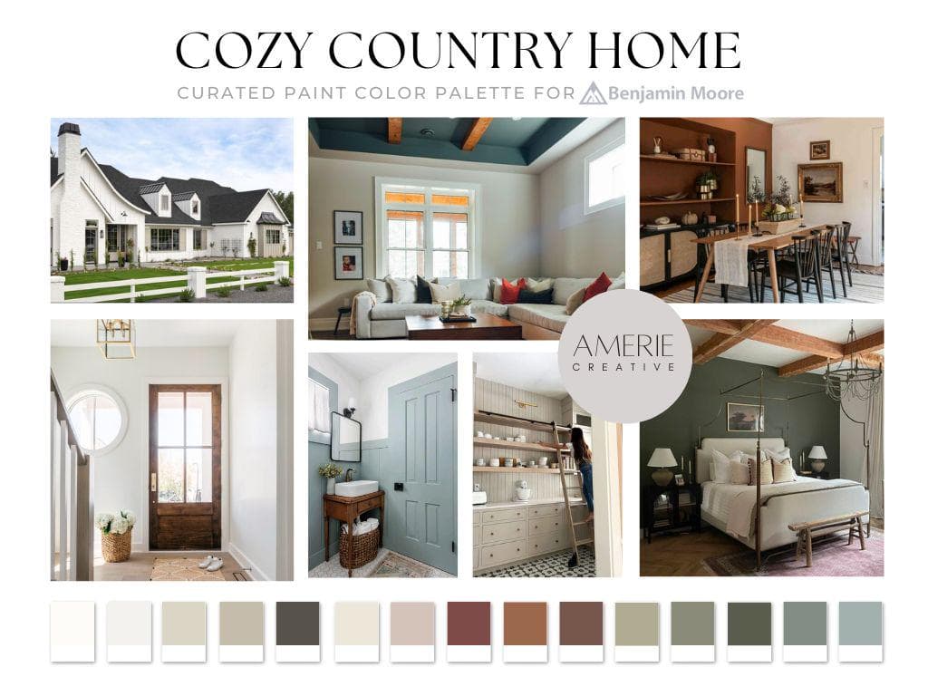 Country Home Paint Color Palette Benjamin Moore paint palette Cozy paint colors cozy home cozy home paint colors cozy house paint colors earthy neutral paint color scheme warm paint colors 2025 2026 seapearl china white dove natural cream stone hearth creamy white garrison red brown copper kettle green gray dark olive green grey green paint colors terracotta paint colors rust paint color earthy paint colors modern earthy paint colors