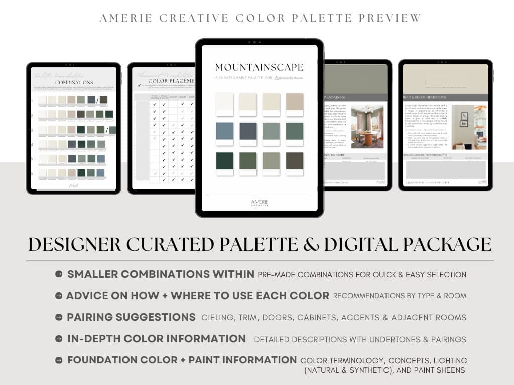 Mountain Paint Color Palette Benjamin Moore cabin forest home modern organic earthy neutral dark exterior door cabinet white dove natural cream stone hearth flint rushing river caldwell green essex green stormcloud gray blue normandy dragon's breath