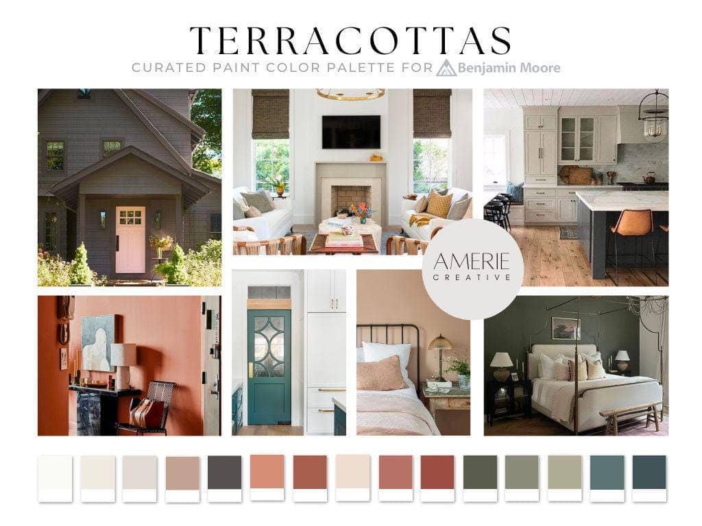 Terracotta paint color Benjamin Moore Paint Color Palette Benjamin moore terracotta paint colors terracotta complimentary colors terra cotta coordinating colors terra cotta paint colors 
Mexican Tile Audobon Russet BAKED TERRA COTTA MEXICANA Cloud White dove wing iron mountain edgecomb gray Venetian portico DUSTY TRAIL dark olive green antique pewter nantucket gray Knoxville gray teal blue green grey warm white interior paint color scheme whole house paint color warm neutral paint colors 2025