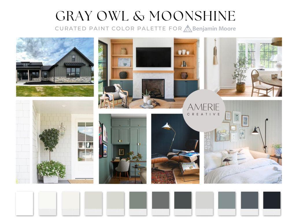 Gray Owl color scheme benjamin moore gray owl paint color palette Moonshine Benjamin Moore Paint Color Palette whole house paint color scheme modern neutral paint colors modern paint colors exterior paint colors cabinet door earthy modern paint colors studio mcgee paint colors 
chantilly lace oxford white cloud cover intense white sheeps wool intrigue Kendall charcoal rocky coast flint soot