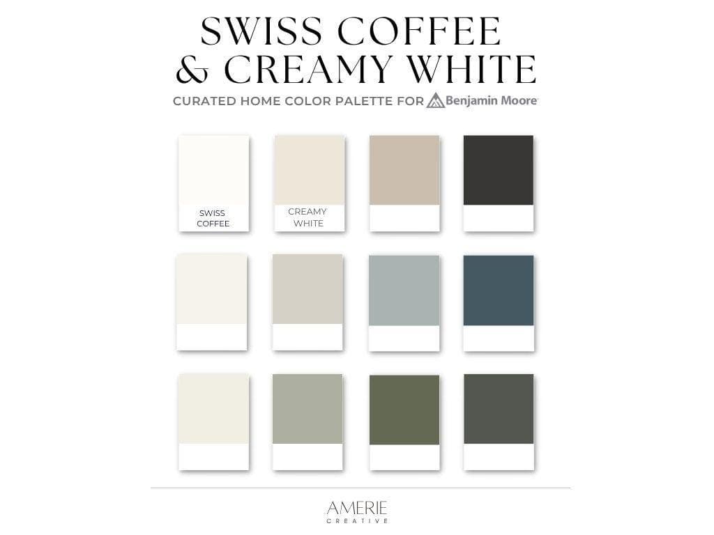 Swiss Coffee Benjamin Moore Creamy White Paint Color Palette | Whole house paint color scheme earthy neutral warm neutral paint colors 2026