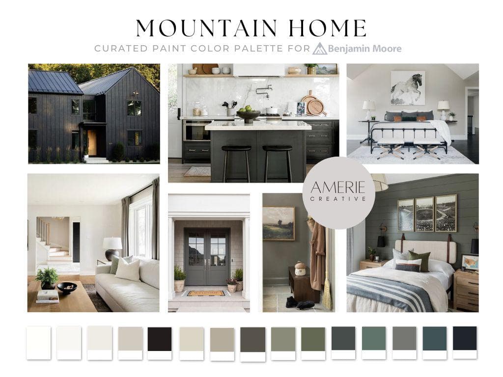Mountain Home Paint Color Palette Benjamin Moore paint palette whole house paint color scheme modern mountain house color scheme dark exterior paint color accent colors modern earthy paint colors earthy neutral paint color scheme modern neutral paint colors 
simply white dove seapearl china white natural cream revere pewter kendall charcoal stone hearth dragons breath onyx antique pewter dark olive green deep river caldwell green soot navy masterpiece narragansett green color trends 2026