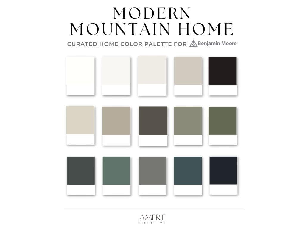 Modern Mountain House Paint Color Palette Benjamin Moore paint palette Modern earthy neutral gray green grey greige dark exterior paint