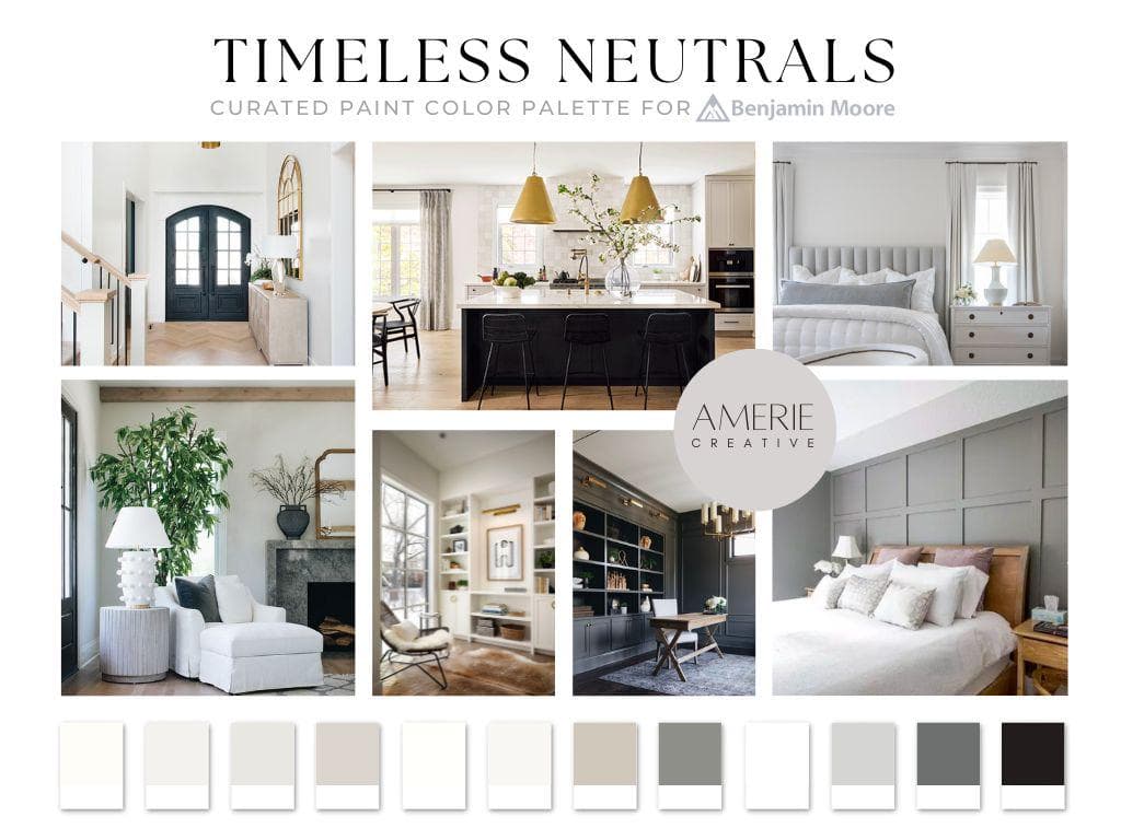 Timeless neutral paint color Benjamin moore paint palette Modern Classic Neutral Benjamin Moore Paint Color Palette whole house paint color palette exterior paint colors accent door cabinet mcgee paint colors cloud white dove simply white classic gray chelsea gray seapearl china white Kendall charcoal nightfall onyx gray owl chantily lace revere pewter edgecomb gray