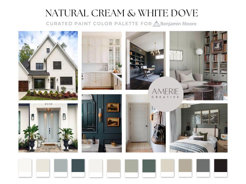 Natural Cream Benjamin Moore Natural cream complimentary colors White Dove Benjamin Moore Paint Color Palette Whole Home Paint color scheme whole house paint colors exterior interior home paint colors neutral paint color palette neutral paint color scheme warm neutral paint colors benjamin moore black onyx kendall charcoal stone hearth taupe seapearl china white dove revere pewter dark olive narragansett green boothbay gray blue
