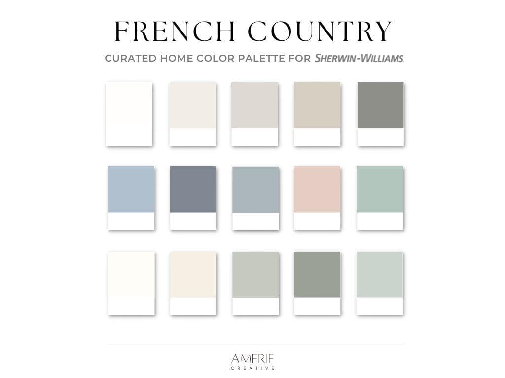 French Country House Sherwin Williams paint color palette Whole home paint color scheme warm neutral white cream greige blue gray green pink