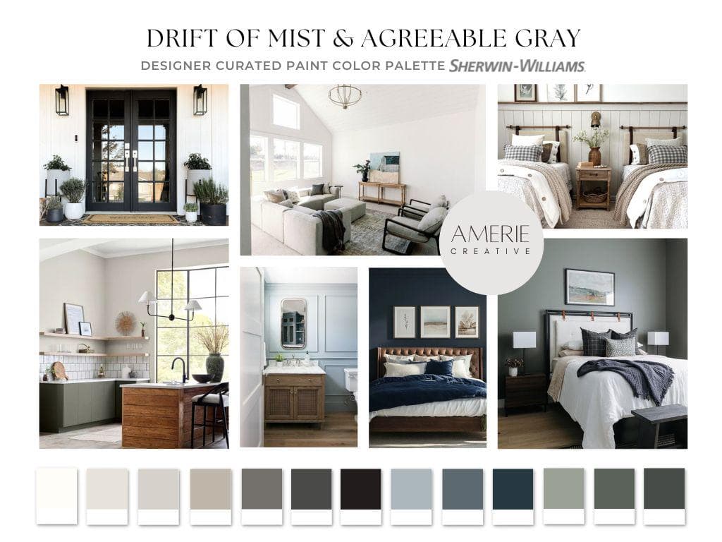 Drift of mist color scheme Drift of Mist sherwin williams paint color palette agreeable gray sherwin williams color palette agreeable gray color scheme whole home paint color scheme whole house color scheme interior paint colors 2025 neutral paint color 2026 paint colors navy blue gray green grey dark green paint color 
Pure white alabaster sherwin Williams thunderous rock bottom evergreen fog pewter green amazing gray Stardew grays harbor dark night gauntlet gray iron ore tricorn black exterior
